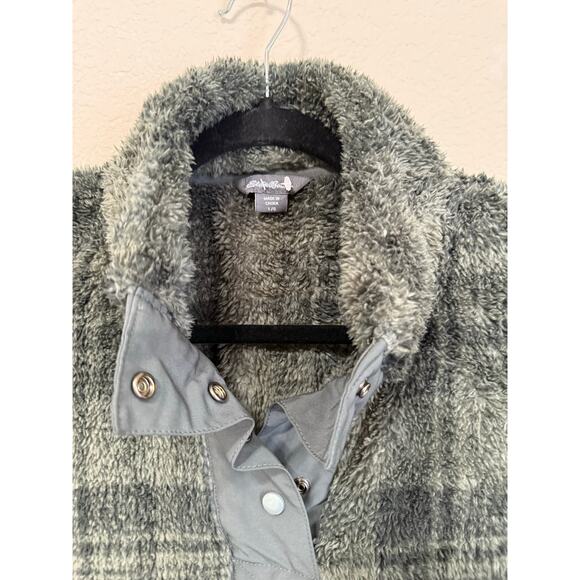 Eddie Bauer Gray Plaid Snap Front Sherpa Fleece Pullover Sweatshirt Women’s L - Picture 2 of 4